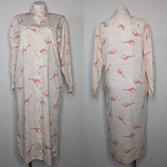 Vintage IFI white peach pink giraffe zebra leopard button up maxi dress L/XL - Picture 1 of 11